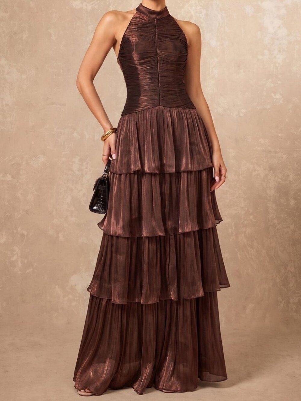 Brown Preppy Women's Ruched Bodice Layered Ruffle Drop Waist Maxi Dress